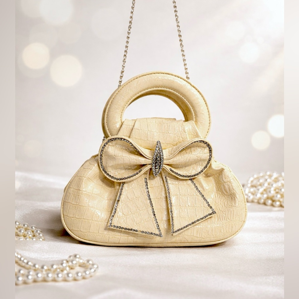 Cream Croc-Embossed Bag with Bow Accent